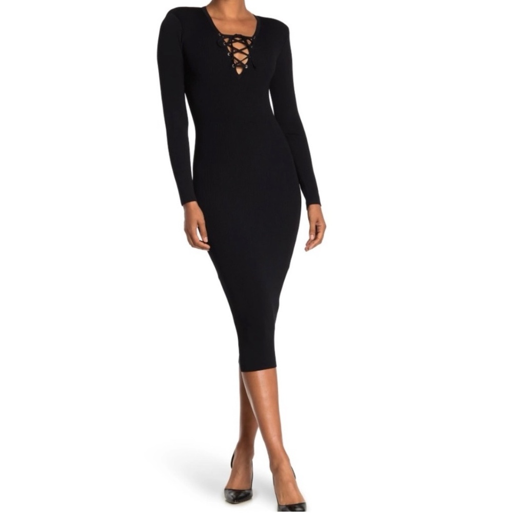 New Good American Lace Up Midi Dress‎ Long Sleeve Ribbed Women's Size 1 S K